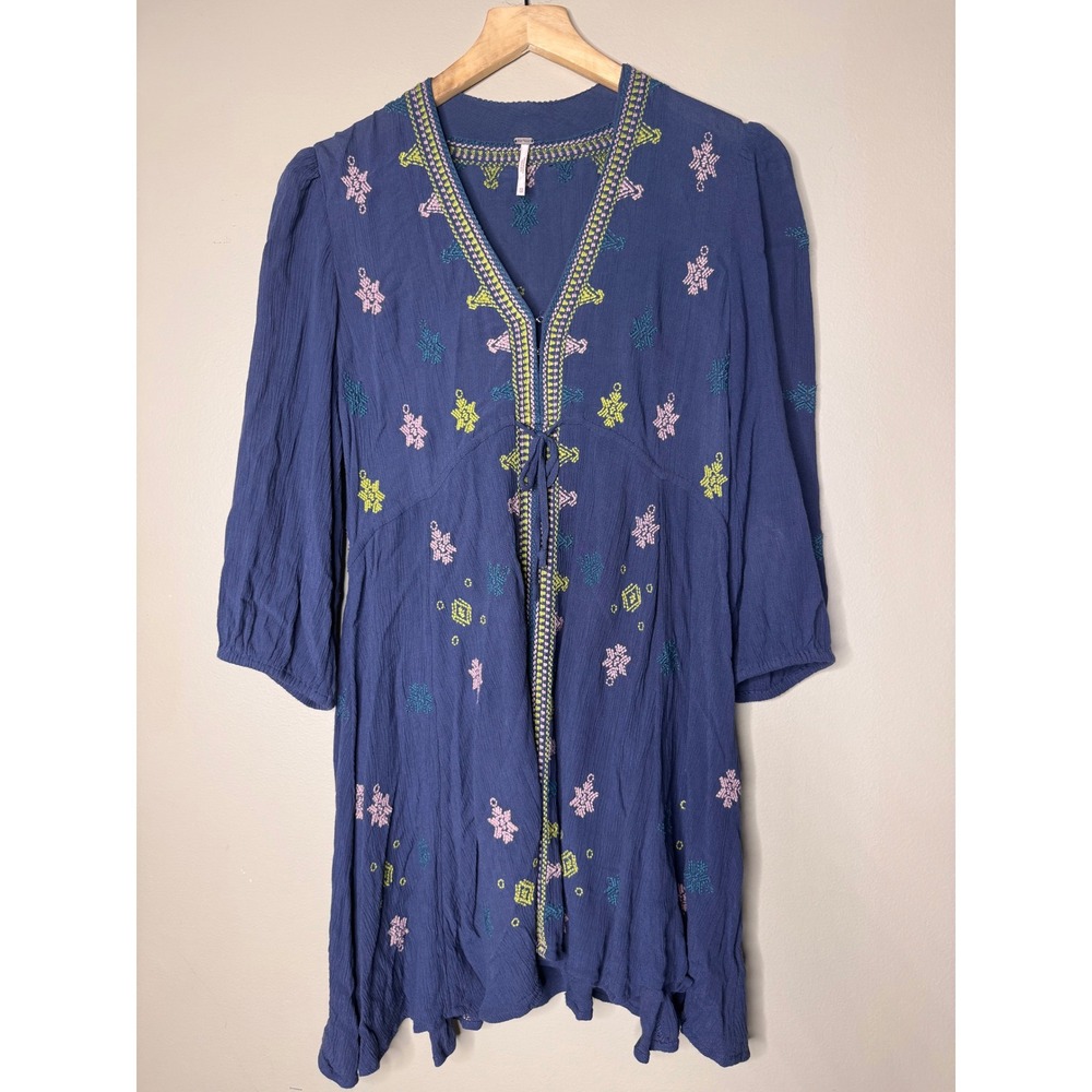 Free People Blue Embroidered Gauze Tunic Mini Dress XS Boho V-Neck Rayon India